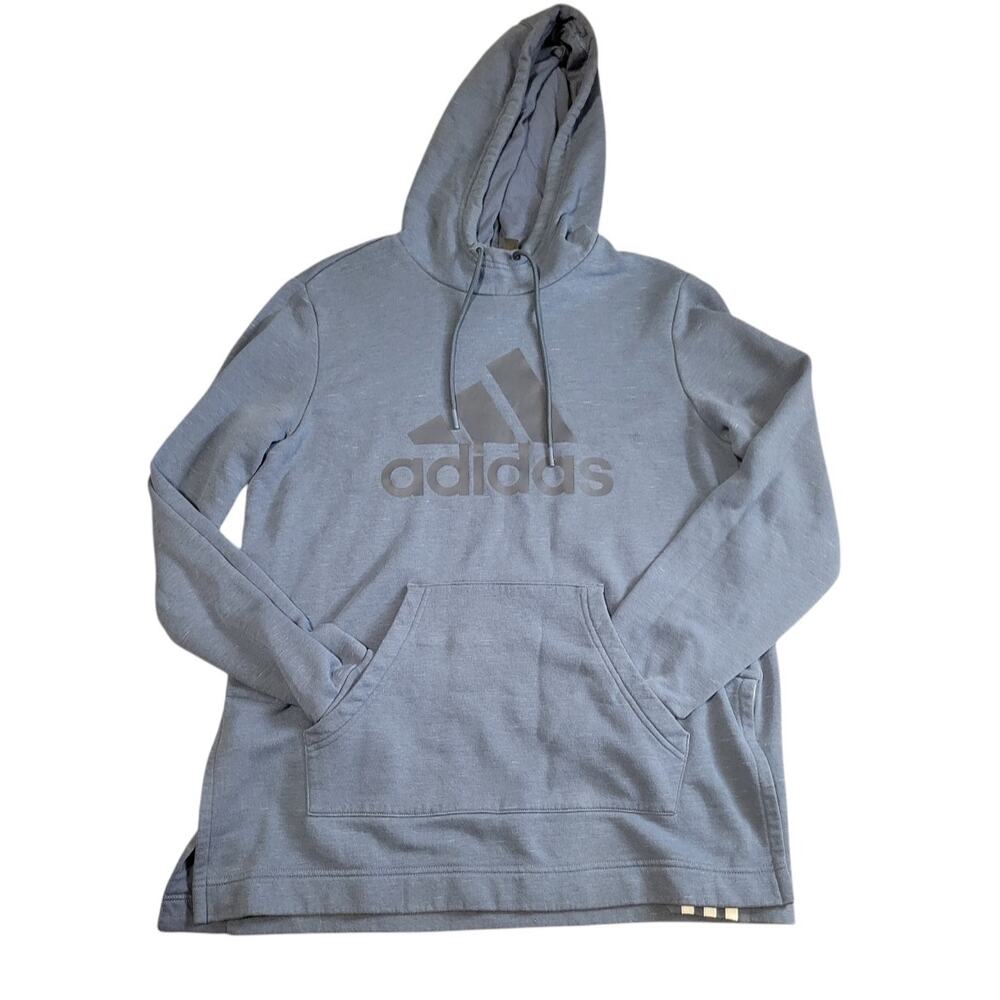 Adidas Women's Hoodie Size L Blue Long Sleeve Side Slits Sweatshirt Pouch Pocket